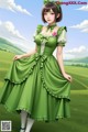 A woman in a green dress standing in a field.