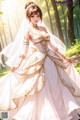 A woman in a wedding dress standing in the woods.