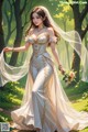 A woman in a wedding dress walking through a forest.