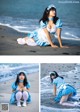 A woman in a blue and white dress sitting on the beach.